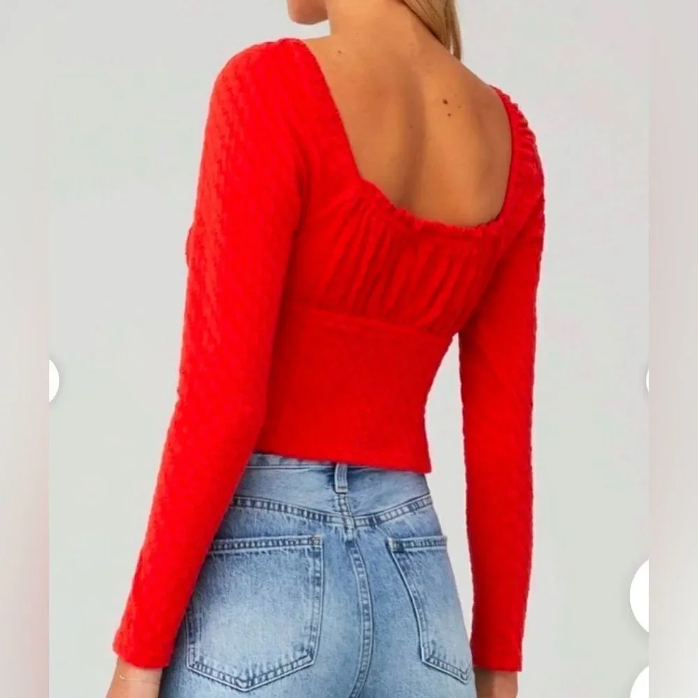 Free People Crop Top Womens  Orange  Blouse Long Sleeve Sz M Buttons